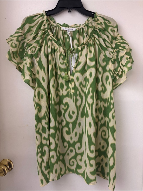 Rose & Olive Tops - Rose & Olive Green and Cream Ikat-Style Tie-Neck Peasant Blouse